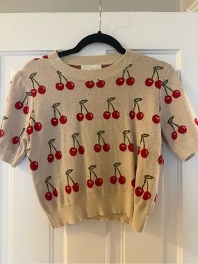 Pinch Cherry Print Short Sleeve Sweater Cream and Red M